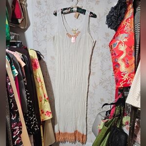 Elegant Cream and Brown Lace Trim Dress